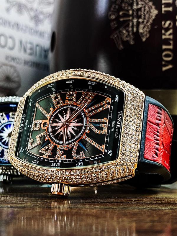 Luxury Rhinestone Decorated Quartz Watch, 2024 New Style Fashionable Square Dial Analog Watch for Men & Women, Trendy Watch for Daily Life with Box