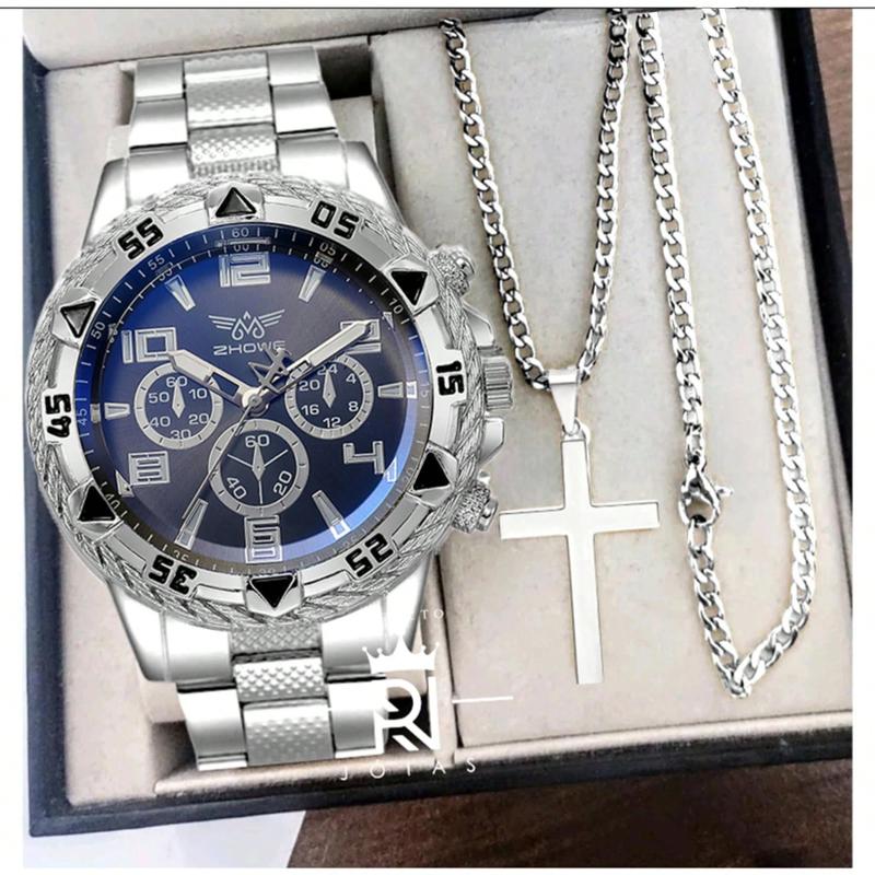 [FREE BOX] Men's Watch Set + Necklace With Cross Fashion Casual Stainless Steel Three-Dial Quartz Watch