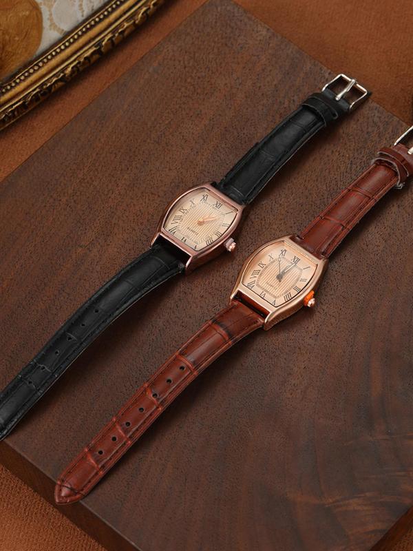 Fashion Roman Numeral Couple Watches, Casual Simple Barrel Dial Quartz Watch for Women & Men, Trendy All-match & Exquisite Watch for Birthday Gift without Box