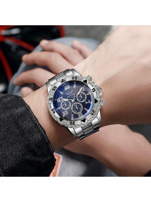 [FREE BOX] Men's Watch Set + Necklace With Cross Fashion Casual Stainless Steel Three-Dial Quartz Watch