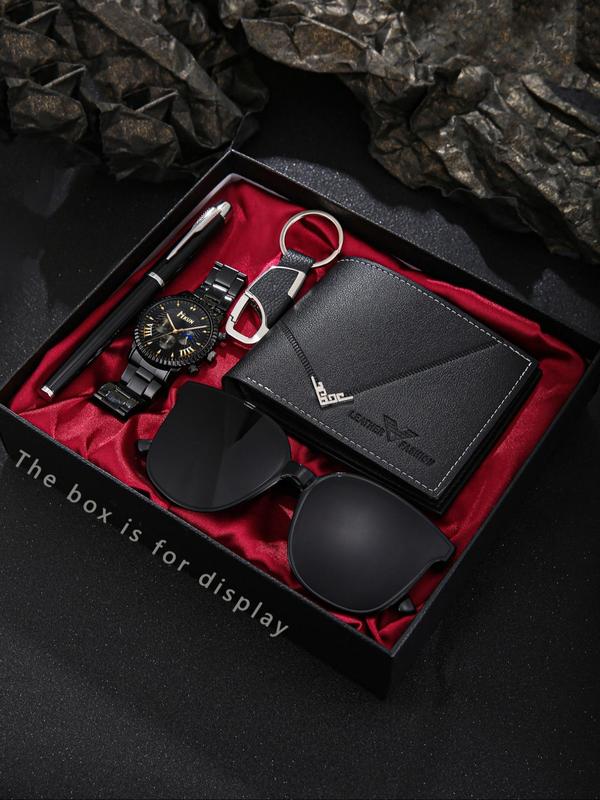 Men's Business Fashion Watch & Sunglasses & Wallet & Keychain & Pen Set, with Box, Trendy All-match & Exquisite Watch Set for Birthday Gift