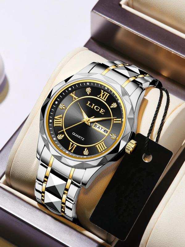 Men's Business Waterproof Round Dial Analog Quartz Watch, Fashion Watch with Luminous Hands, Exquisite All-match Watch for Men with Box