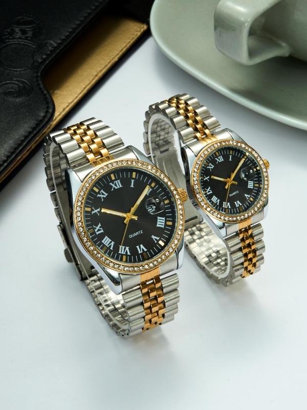 Couple Watch Set, Fashion Rhinestone Decorated Analog Quartz Watch for Women & Men, Trendy All-match & Exquisite Watch Set for Birthday Gift, with Box