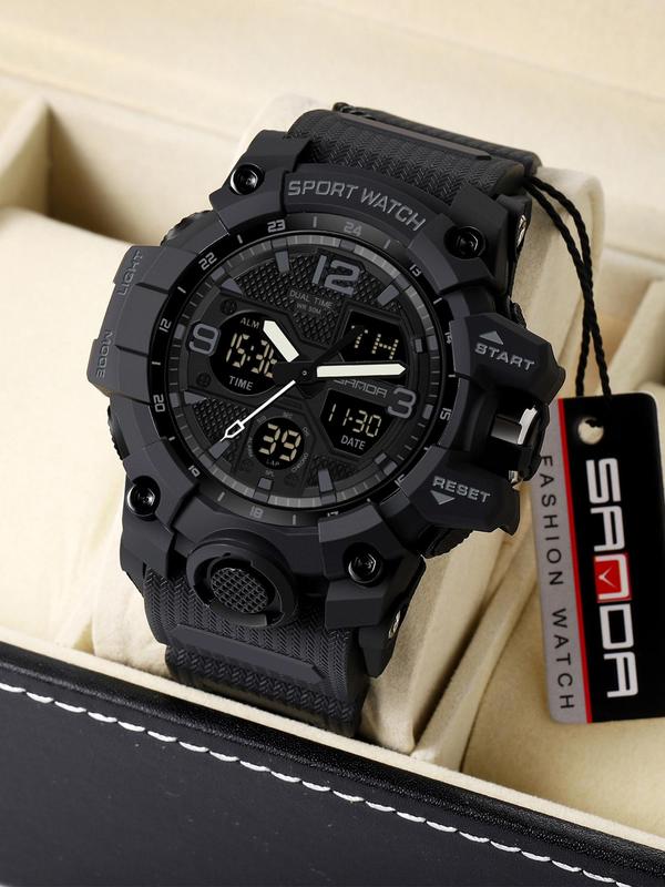 Men's Sportive Digital Analog Quartz Watch, Fashion Watch with Luminous Dial & Alarm Clock & Calendar Function, Trendy Waterproof Watch As Gift with Box