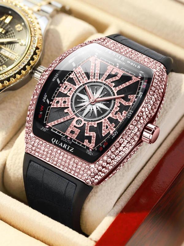 Luxury Rhinestone Decorated Quartz Watch, 2024 New Style Fashionable Square Dial Analog Watch for Men & Women, Trendy Watch for Daily Life with Box