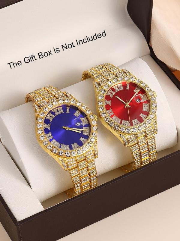 Couple Round Dial Analogquartz Watch Set, Fashion Rhinestone Decor Watch for Party, Daily Clothing Decor, Trendy All-match & Exquisite Watch for Birthday Gift