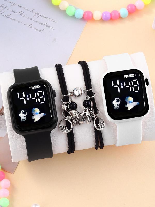 Cute Square Digital Watch & Astronaut Charm Magnetic Bracelet Set, Without Box, Fashion Couple Watch Set for Party, Daily Decor, Trendy All-match & Exquisite Watch Set for Birthday Gift