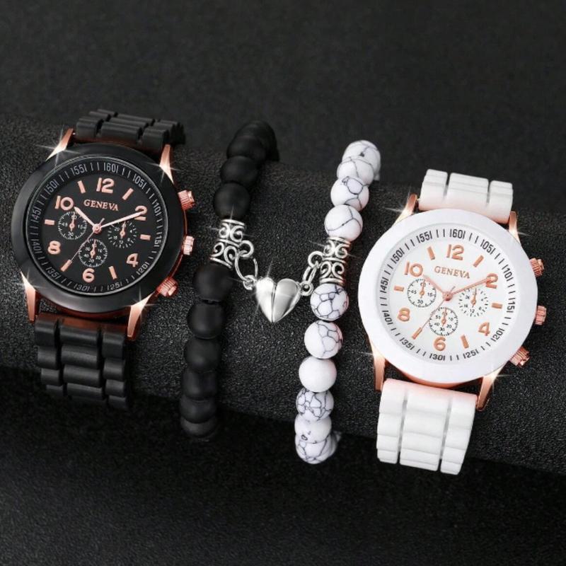 Couple's Fashionable And Concise Digitally Indexed Dial Quartz Wristwatch Women + Heart Shaped Beaded Bracelet Set Couple Watch Gift Women