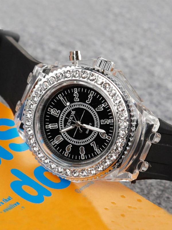 Round Dial Rhinestone Decorated Quartz Couple Matching Watch, 2counts set Exquisite Quartz Watch, Luminous Couple Watch for Men & Women, Birthday Gift