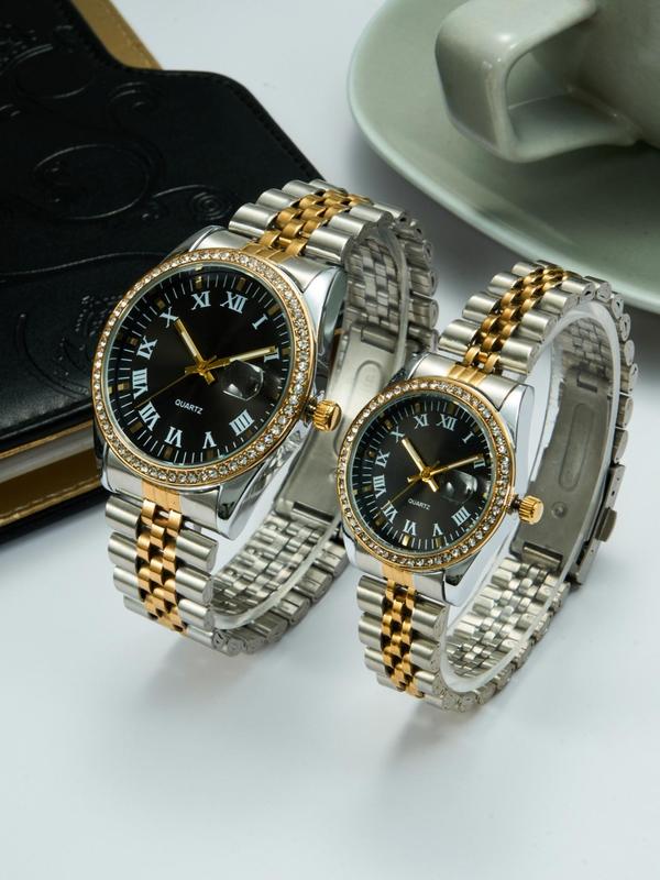 Couple Watch Set, Fashion Rhinestone Decorated Analog Quartz Watch for Women & Men, Trendy All-match & Exquisite Watch Set for Birthday Gift, with Box