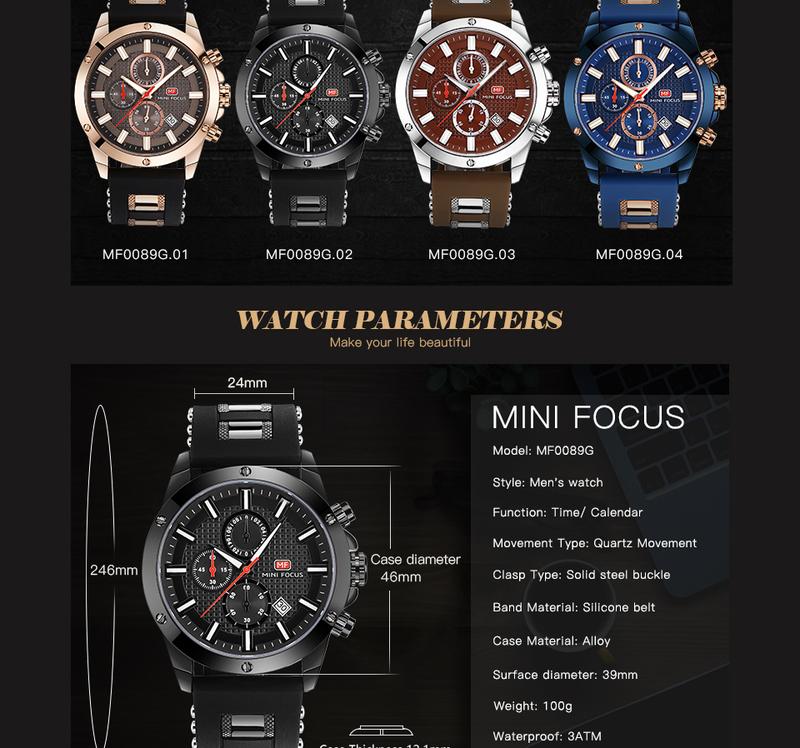 MF MINI FOCUS Mens Watches Multifunction Chronograph Date Quartz Watch for Men Black  Band Analog Wrist Watch Gift Fashion Accessories