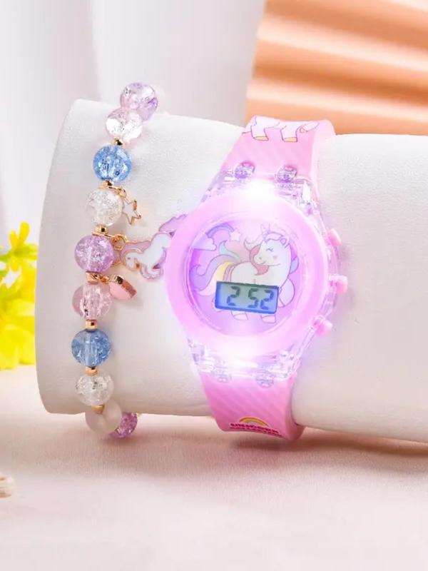 Cute Cartoon Unicorn Pattern Watch & Beaded Bracelet Set, Fashionable Electronic Watch Set for Women & Girls, Trendy All-match & Exquisite Watch Set for Birthday Gift