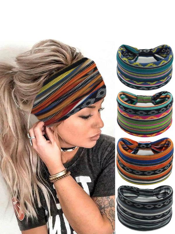 Boho Style Geometric & Striped Print Hair Band, 4pcs set Elastic Hair Band, Sport Hair Band for Yoga Gym Workout