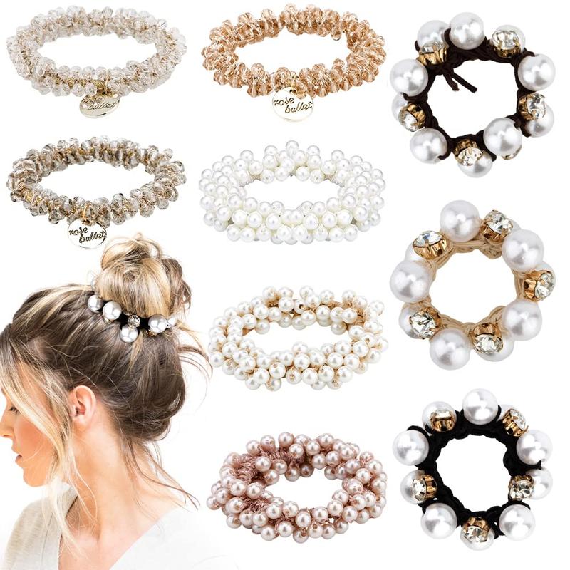 9Pcs Pearl Hair Ties Elastic Hair Scrunchies Hold Crystal Beads Bulk Hair Ropes Stretchy Handmade Boho Hair Accessories for Women Girls (Pearl&Crystal)