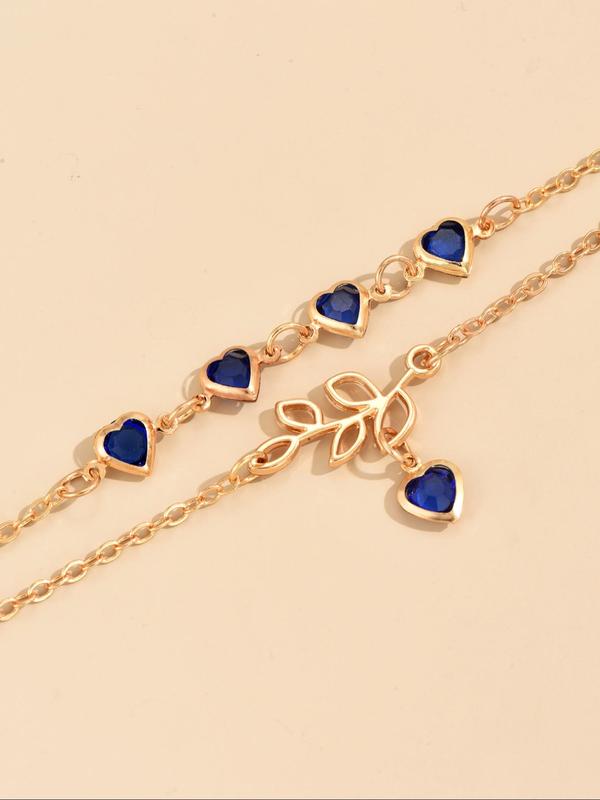 Fashion Layered Chain Anklet for Women & Girls, Rhinestone Leaf & Heart Charm Foot Jewelry for Party, Daily Clothing Decor, Trendy All-match & Exquisite Jewelry for Birthday Gift