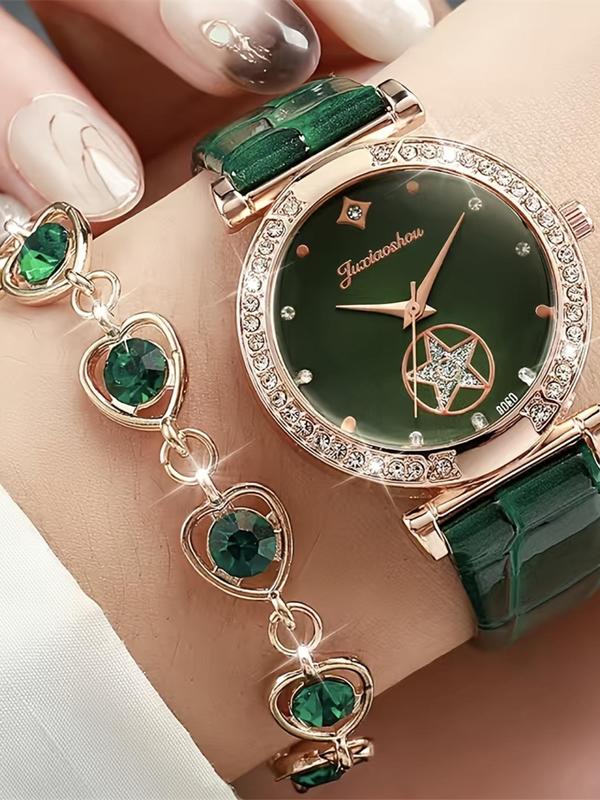 Women's Elegant Fashion Round Dial Quartz Watch & Jewelry Set, Including Heart Shaped Pendant Necklace, Ring, Earrings, Bracelet, Fashion Watch Set for Party, Daily Decor