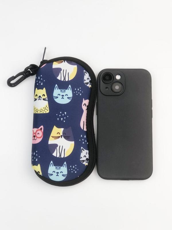 Cartoon Cat Pattern Zipper Eyeglasses Case, Portable Soft Neoprene Sunglasses Case, Glasses Protector for Travel Sport