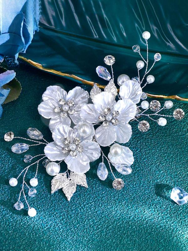 Elegant Faux Pearl & Flower Decorated Hair Comb, Rhinestone Decor Bridal Headwear for Wedding Bridal Party Formal Occasions, Fashion Hair Accessories for Women