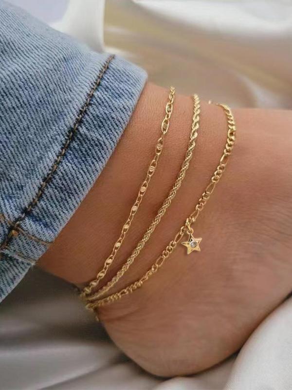 Women's Elegant Star Decor Chain Anklet, 3pcs 2024 New Dainty Jewelry for Daily Clothing Decor, Party, Chic All-match Jewelry As Gift for Girlfriend & Boyfriend