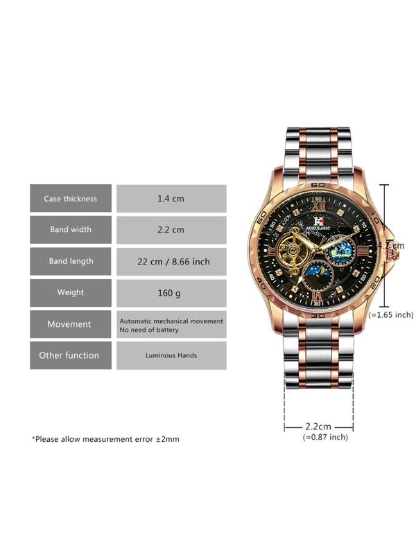 Men's Business Fashion Mechanical Watch, Fall New Rhinestone Decor Round Dial Luminous Watch with Box, Trendy Wristwatch for Men As Boyfriend Gifts