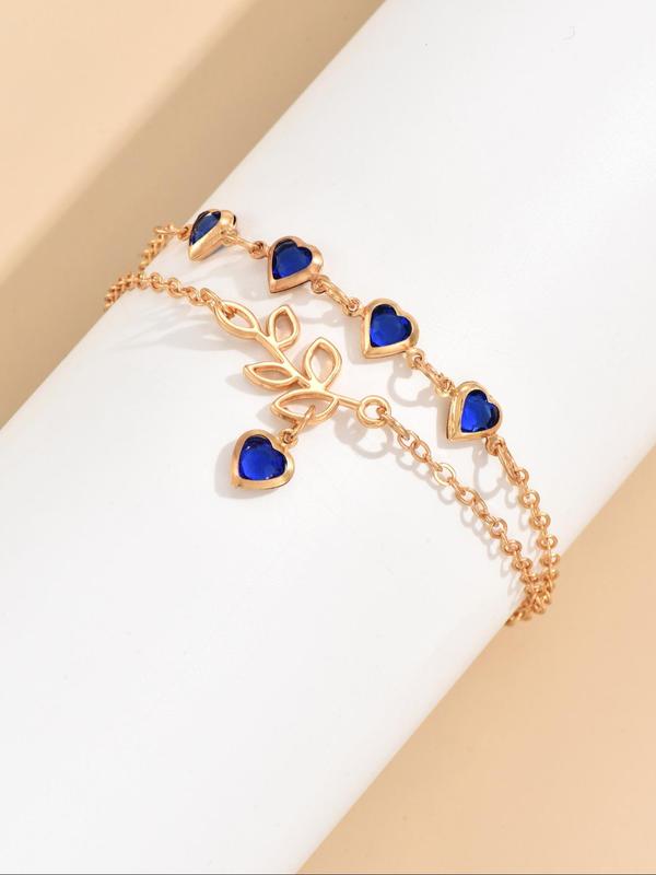 Fashion Layered Chain Anklet for Women & Girls, Rhinestone Leaf & Heart Charm Foot Jewelry for Party, Daily Clothing Decor, Trendy All-match & Exquisite Jewelry for Birthday Gift