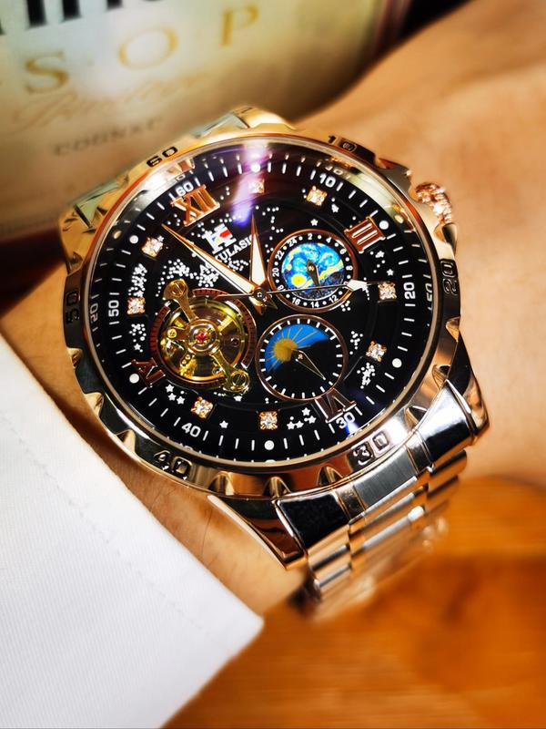 Men's Business Fashion Mechanical Watch, Fall New Rhinestone Decor Round Dial Luminous Watch with Box, Trendy Wristwatch for Men As Boyfriend Gifts