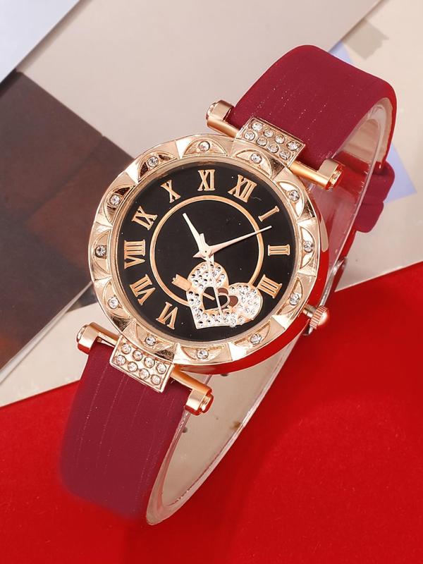 Women's Elegant Rhinestone Decorated Quartz Watch & Bracelet Set, Fashion Round Dial Analog Watch & Beaded Bracelet, Trendy Watch Set for Women As Gift