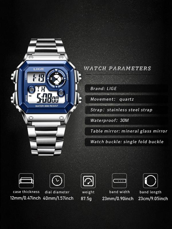 Men's Digital Watch With Stainless Steel Band With Box For Daily, Business, Work