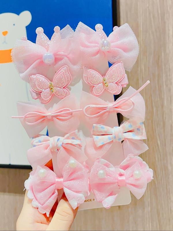 10-piece Pink Fairy Crown Design Hair Clips, Sweet Bowknot Decor Hair Clips Set, Suitable for Holiday & Party, Hair Accessories for Women