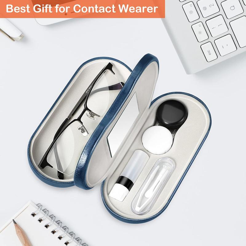 2 in 1 Eyeglasses Case, Contact Lens Case with Mirror Tweezers Remover, Soak Storage Kit, Sunglasses Pouch