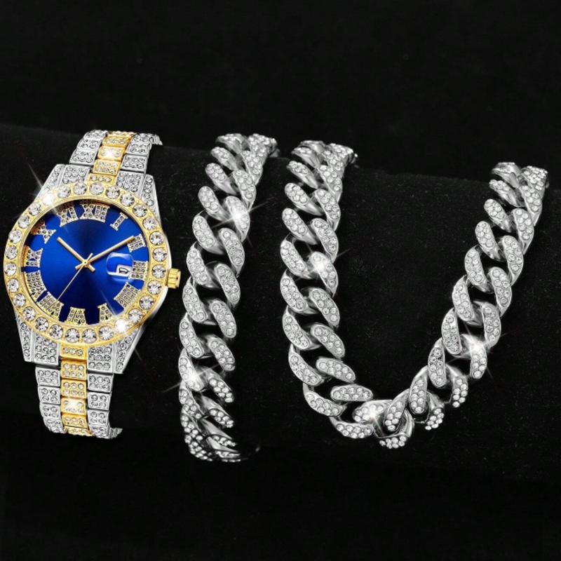 3Pcs Men's Strap Fashionable Casual Classic Roman Letter Scale With Calendar Function Blue Watch Bracelet Necklace Set Suitable For Daily Wear Decoration As A Holiday Gift For Friends Or Fathers Christmas Thanksgiving New Years Holiday Gifts