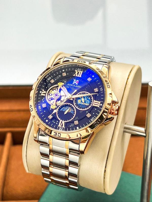 Men's Business Fashion Mechanical Watch, Fall New Rhinestone Decor Round Dial Luminous Watch with Box, Trendy Wristwatch for Men As Boyfriend Gifts