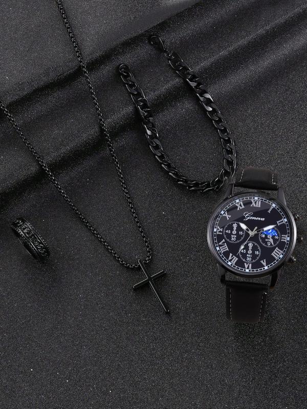 Men's Classic Round Dial Quartz Watch & Cross Pendant Necklace & Ring & Bracelet Set, without Box, Fashion Watch Set for Party, Trendy Watch Set for Birthday Gift