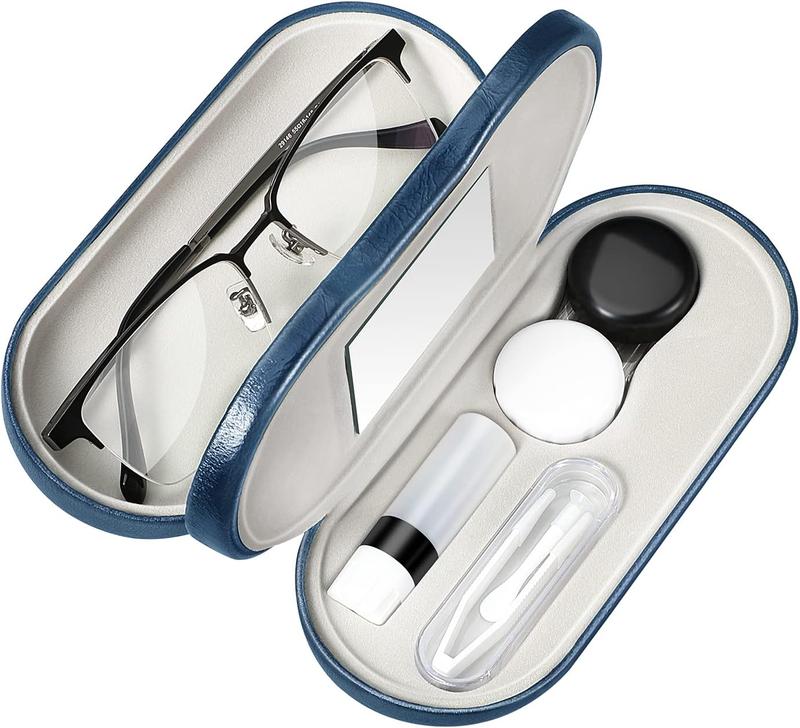 2 in 1 Eyeglasses Case, Contact Lens Case with Mirror Tweezers Remover, Soak Storage Kit, Sunglasses Pouch