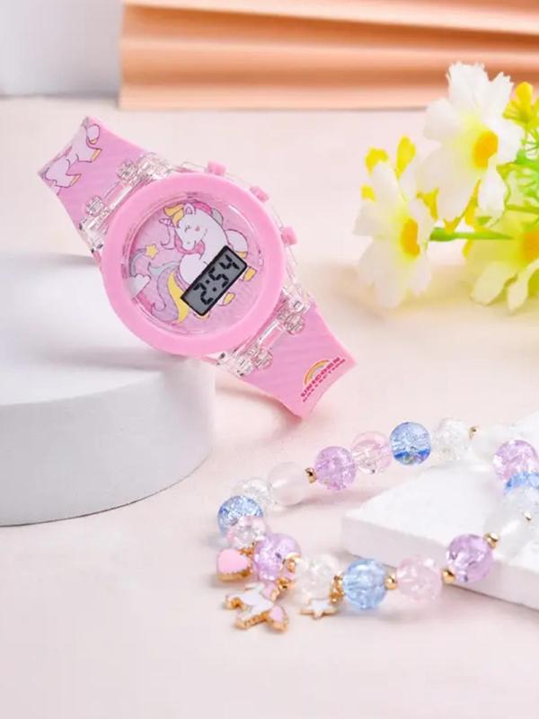 Cute Cartoon Unicorn Pattern Watch & Beaded Bracelet Set, Fashionable Electronic Watch Set for Women & Girls, Trendy All-match & Exquisite Watch Set for Birthday Gift