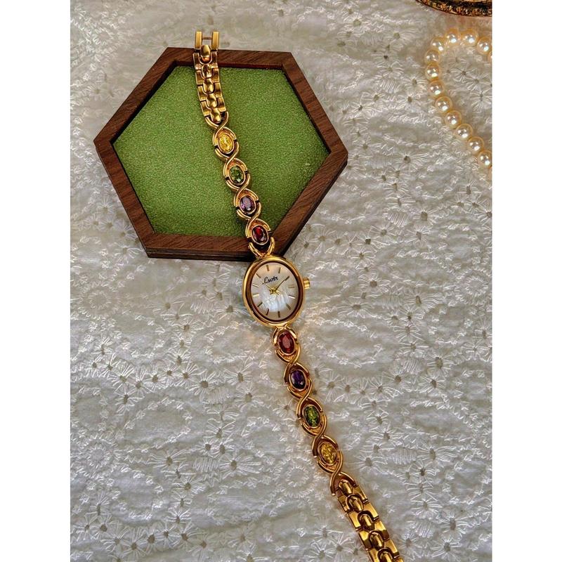 1pc New High-End Luxury Women's Watch Embedded With Colorful Tourmalines, Diamonds And An Oval Shaped Mother Of Pearl Dial. It Can Be Worn On A Daily Basis, Or For Occasions Such As Parties, Holidays And Outings To Decorate The Wrist