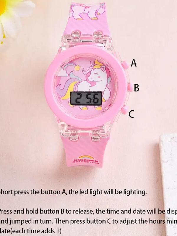 Cute Cartoon Unicorn Pattern Watch & Beaded Bracelet Set, Fashionable Electronic Watch Set for Women & Girls, Trendy All-match & Exquisite Watch Set for Birthday Gift