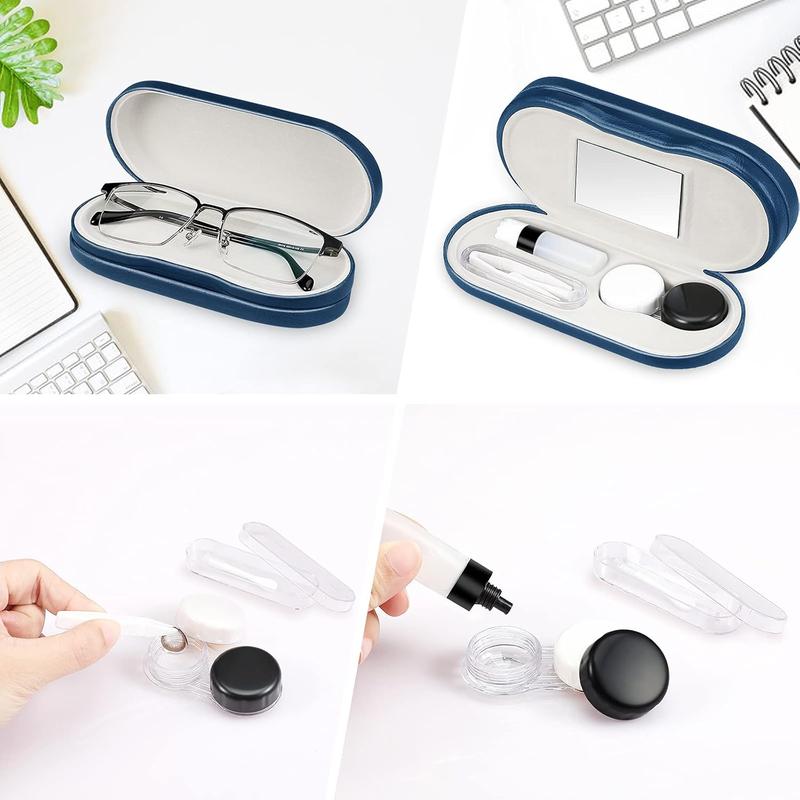 2 in 1 Eyeglasses Case, Contact Lens Case with Mirror Tweezers Remover, Soak Storage Kit, Sunglasses Pouch