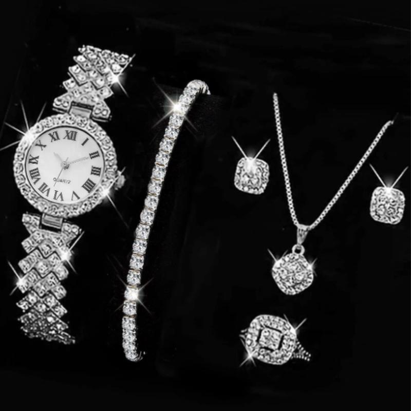 6pcs Set Ladies Watch Women's Jewelry Collection with Necklace, Ring, Bracelet, Earrings and Quartz Watch