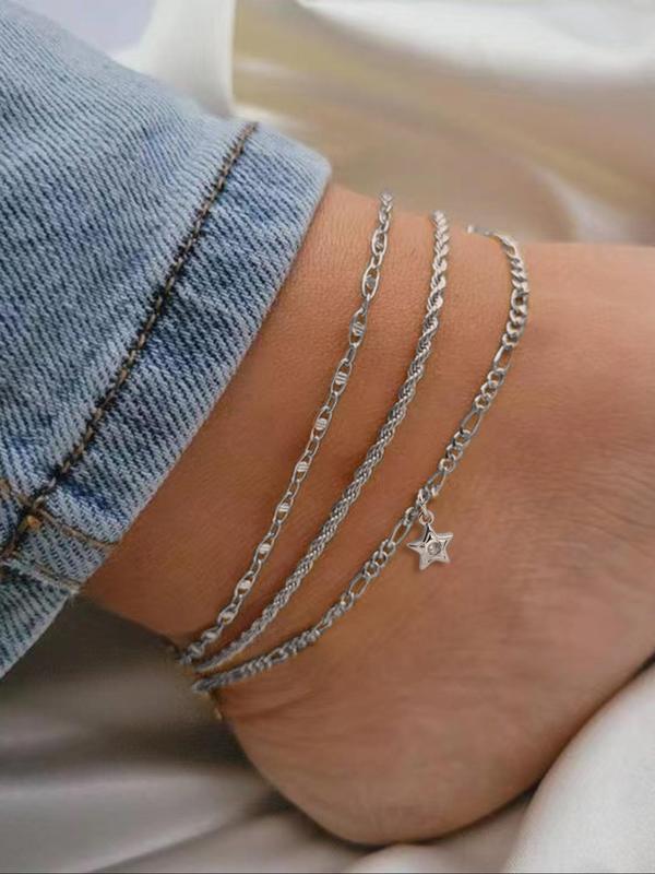 Women's Elegant Star Decor Chain Anklet, 3pcs 2024 New Dainty Jewelry for Daily Clothing Decor, Party, Chic All-match Jewelry As Gift for Girlfriend & Boyfriend