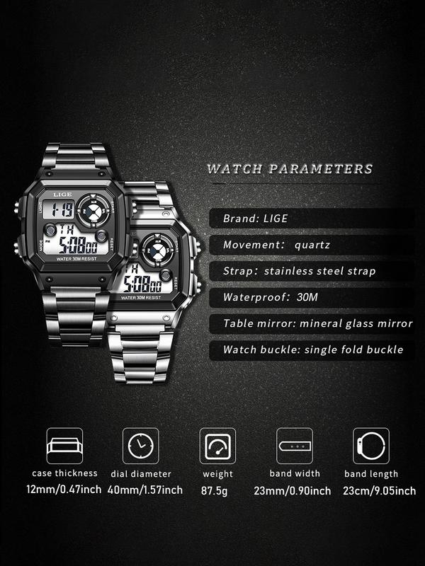 Men's Digital Watch With Stainless Steel Band With Box For Daily, Business, Work