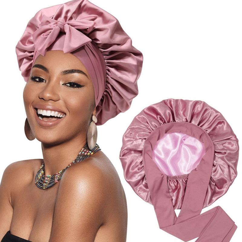 Double Layer Satin Bonnet with Elastic Tie Band, Silk-Like Texture Sleep Cap for Curly Hair, Nightcap Gifts for Women