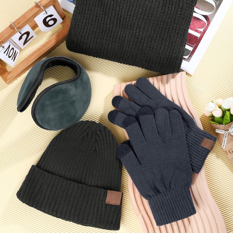 Winter Beanie Hat Set for Men 4 Pieces Knit Glove Scarf Beanie Hat Earmuffs Set for Men Women