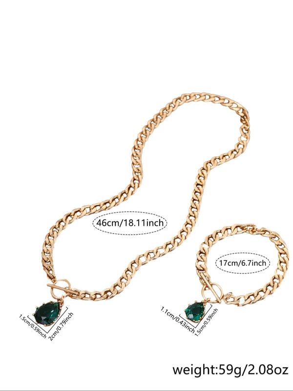 Women's Elegant Water Drop Shaped Rhinestone Decorated Jewelry Set, Exquisite Trendy Necklace & Bracelet with OT Buckle, Chic Jewelry Set for Party & Daily Decor