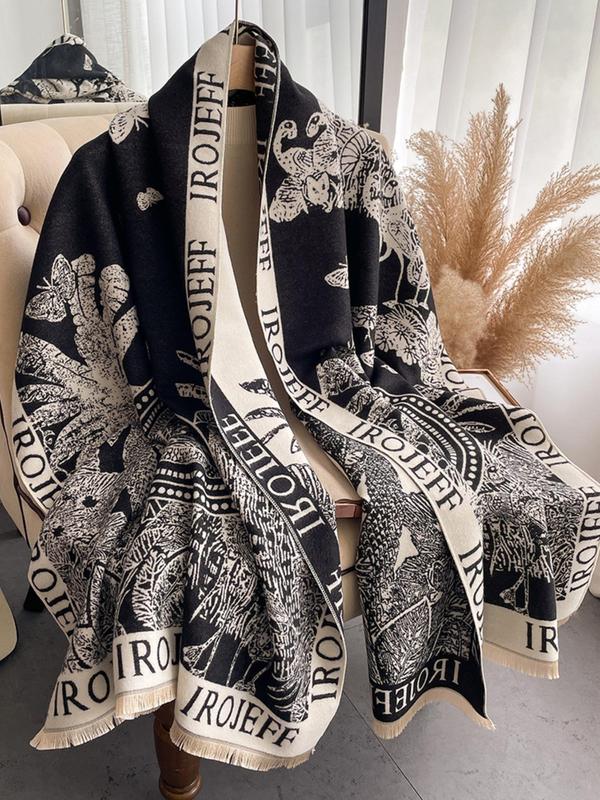 Boho Style Butterfly & Plants & Floral & Letter Print Scarf, Casual Soft Comfortable Shawl for Fall & Winter, Fashion Accessories for Both Men & Women