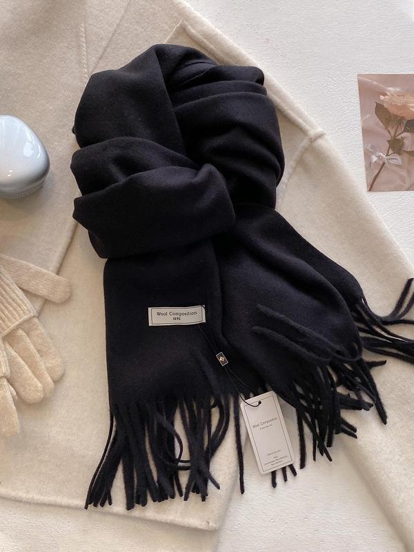 Women's Solid Color Tassel Decor Scarf, Casual Soft Warm Shawl for Fall & Winter, Fashion Accessories for Daily Wear