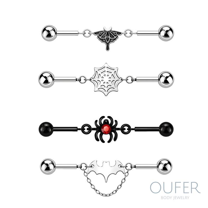 Oufer Halloween 14G Vintage Moth Spider Moon Phase Moth Spider Web Industrial Barbell Cartilage Piercing Ring Bar Length 35mm