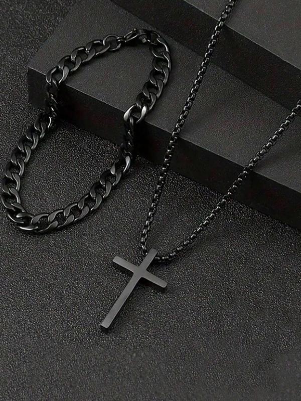 Men's Punk Hip Hop Cross Pendant Necklace & Curb Chain Bracelet for Summer, 2 Counts Fashion Jewelry for Party, Back To School, Trendy All-match & Exquisite Jewelry for Birthday Gift, Male Accessories Goth for Fall 2024