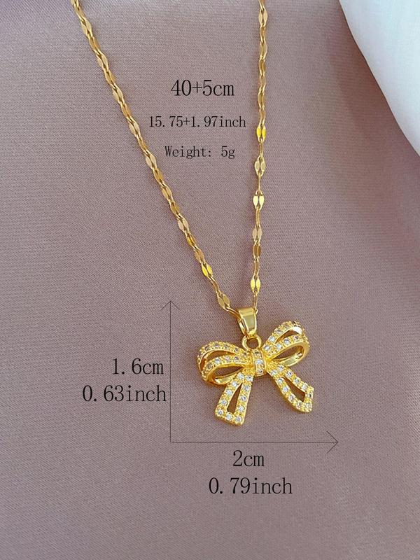 Elegant Rhinestone Bow Decor Pendant Necklace for Women for Gift, 2024 Trendy Stainless Steel Matching Jewelry, Luxury Shiny Dainty Accessory