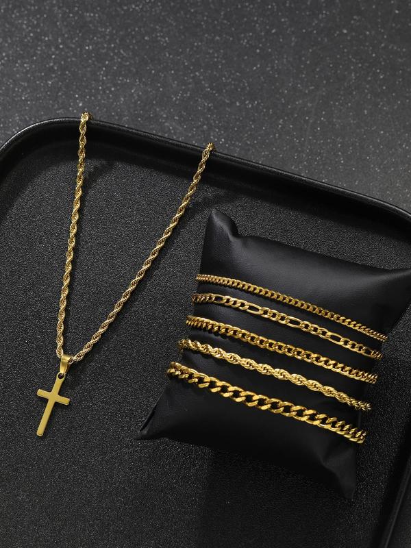 Men's Street Style Cross Pendant Necklace & Chain Bracelets, Casual Trendy Necklace & Bracelets, Fashionable Hip Hop Jewelry Set for Daily & Party Decor